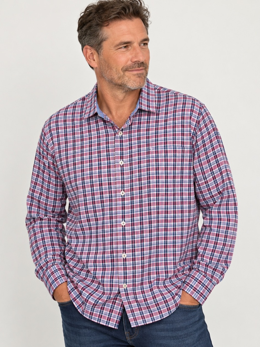 Tommy Bahama Pink, Blue and White Plaid Long-Sleeve Button-Down Shirt